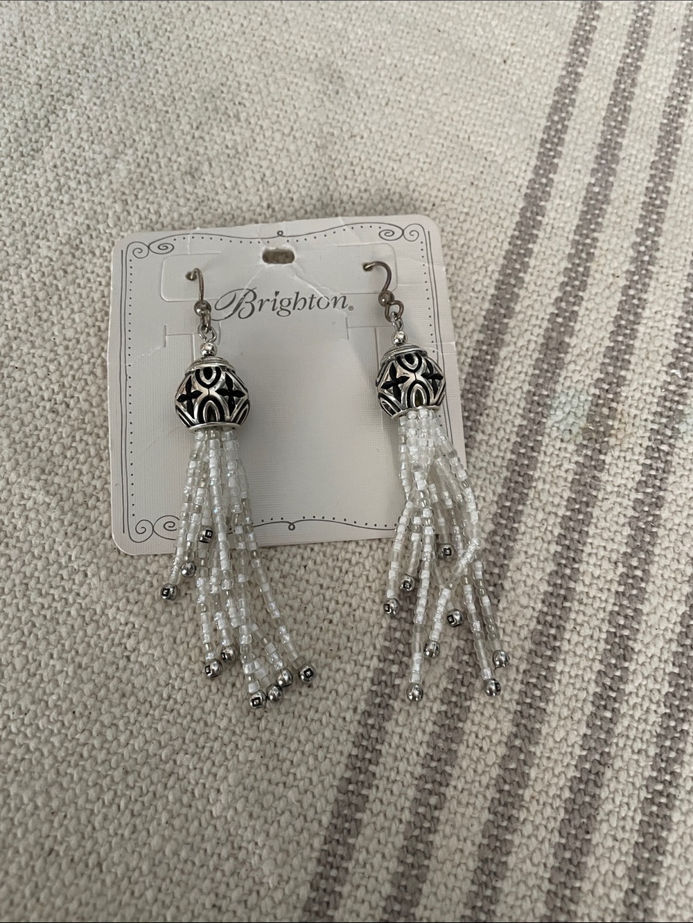 Brighton Silver and White Beaded Tassel Drop Earrings